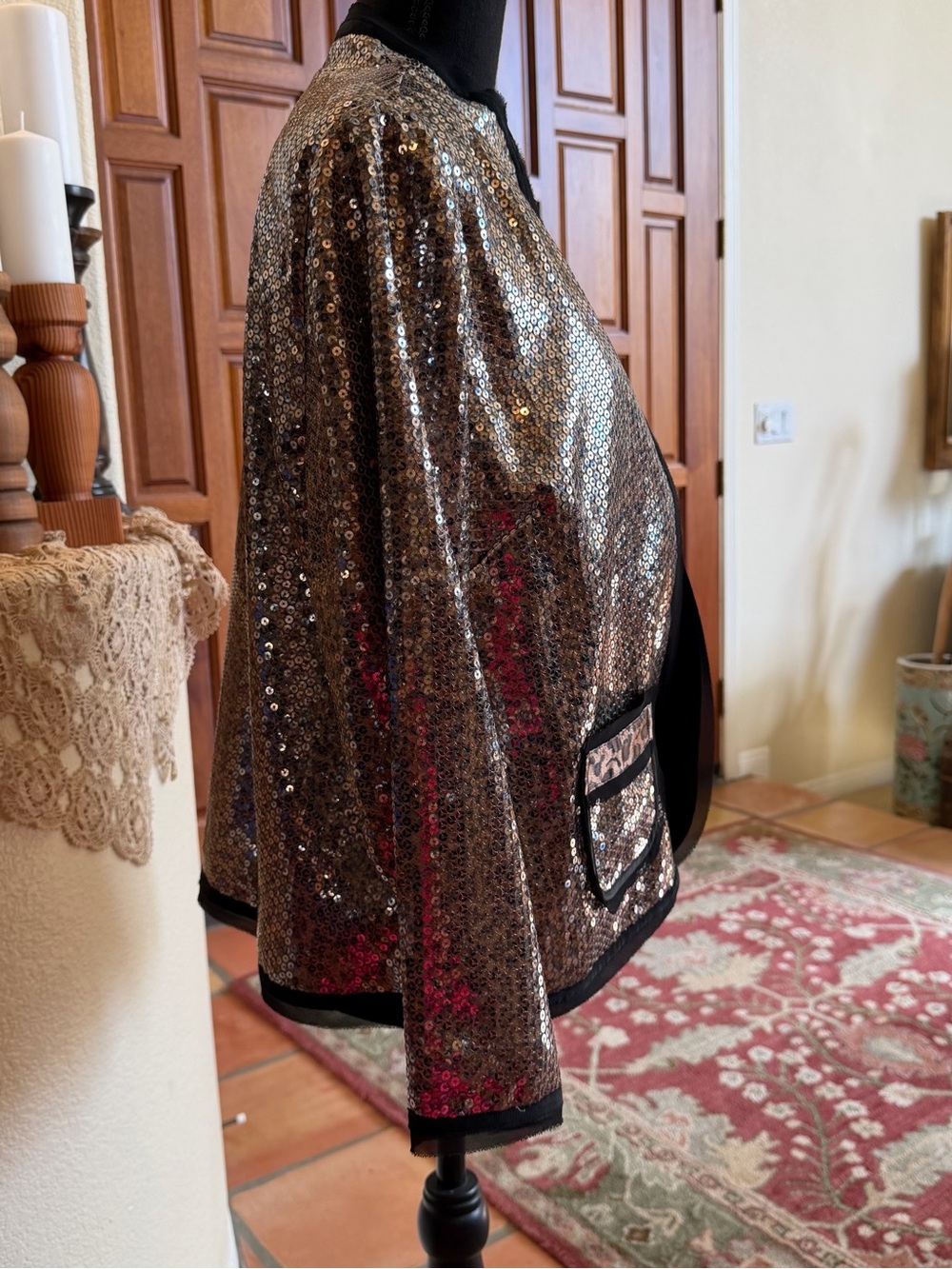 Chicos Jacket Women Large Shyanne Sequin Cheetah Holiday Shiny Black Gold Sz 2 - Picture 4 of 9